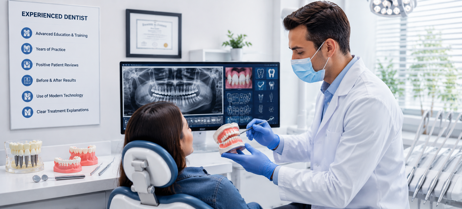 Experienced dentist discussing dental treatment with a patient inside a modern dental clinic.